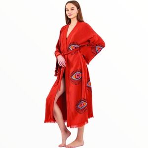 Cotton Robe Turkish - Red - Handmade Evil Eye Pattern Soft And Lightweight